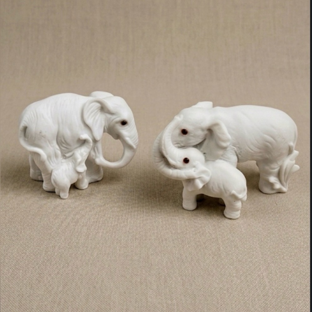 Vintage White Elephant Figurine Pair Porcelain Decor - Trunk Up Good Luck Statue